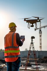 A contractor using advanced technology such as drones and laser levels for site surveying and precision measurements, improving efficiency and accuracy in construction projects, Generative AI