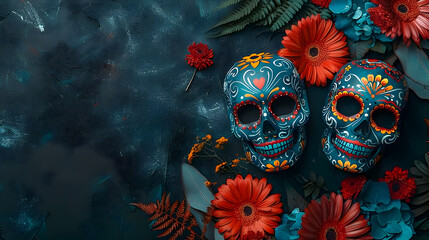  Mask day of the dead, sugar skulls, colorful, flowers, top angle, right copy space.