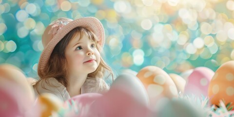 Obraz na płótnie Canvas little girl in easter wonderland, joy, happy, pastel colors, minimal style,