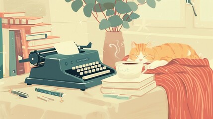 A creative writer in a cozy home office, draped in a warm blanket, typing away on a vintage typewriter, with a cat curled up beside stacks of books and a cup of steaming coffee on the desk