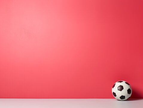 A soccer ball rests on a table against a magenta wall