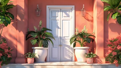 Fototapeta na wymiar A lovely pink house with a white door, adorned with potted plants creating a charming entrance. The interior design features houseplants and light fixtures to enhance the ambiance