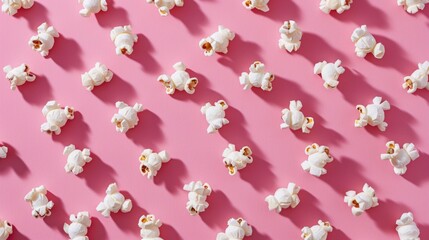 Popcorn pattern on pink background, close up, sharp light.