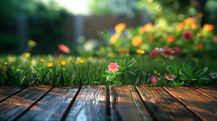 Warm sunset light on a wooden garden deck surrounded by a blur of colorful spring flowers