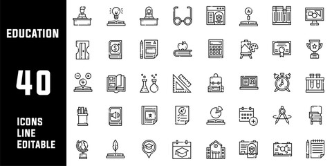 40 Education Icons Set Pack Line Editable Vector Illustration
