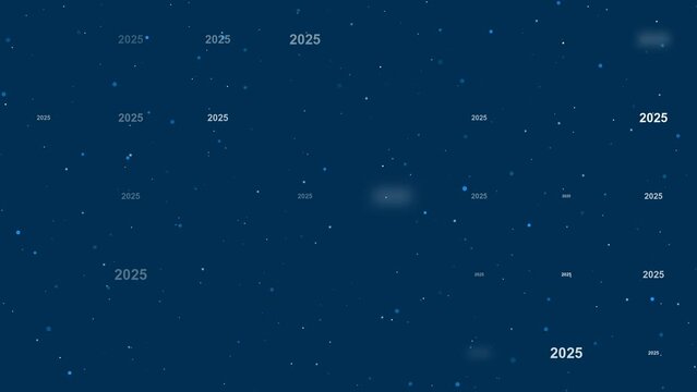 Template animation of evenly spaced 2025 year symbols of different sizes and opacity. Animation of transparency and size. Seamless looped 4k animation on dark blue background with stars