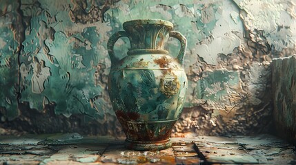 a painting of a still life arrangement of aged painted vases  , turquoise color, resting on a weathered wooden table, art work for wall art, home decor and wallpaper  - obrazy, fototapety, plakaty