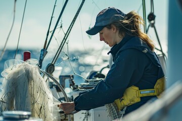 female sailor operating a mechanical winch with fishing net