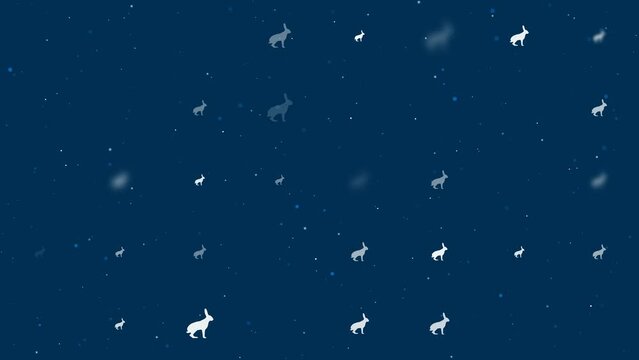 Template animation of evenly spaced hare symbols of different sizes and opacity. Animation of transparency and size. Seamless looped 4k animation on dark blue background with stars
