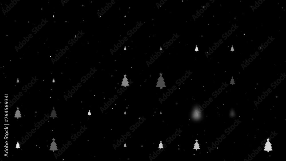 Poster template animation of evenly spaced christmas trees of different sizes and opacity. animation of tra