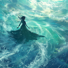 A girl in a dress in waves and clouds.
Metaphorical map. - obrazy, fototapety, plakaty