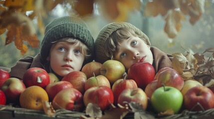 Fototapeta na wymiar two boys resting their heads on ripe apples, looking up