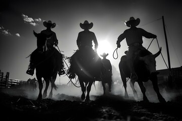 Cowboys at a rodeo event showcasing their skills in lassoing and bull riding. Concept Cowboys, Rodeo Event, Lassoing Skills, Bull Riding, Rodeo Showmanship
