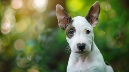 Generative AI : english bull terrier puppy portrait outdoors - obrazy, fototapety, plakaty