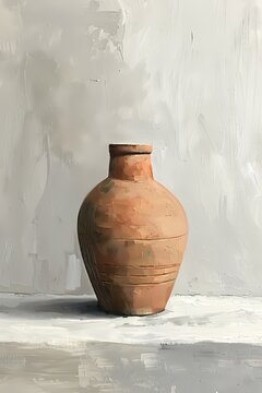 Oil painting depicting a wabi sabi style classic clay vase plaint color on a smooth surface, set against a minimalist white and grey background,art work for wall art, home decor and wallpaper 