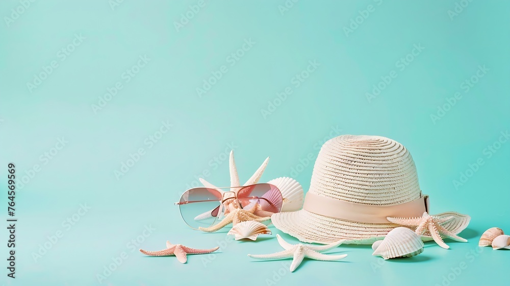 Poster generative ai : glasses and hat with shells and sea stars on a colored background. summer background