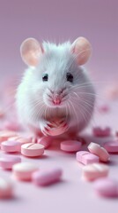 White test mouse, pill collection below, high noon, high angle, pastel precision, serene lab scene