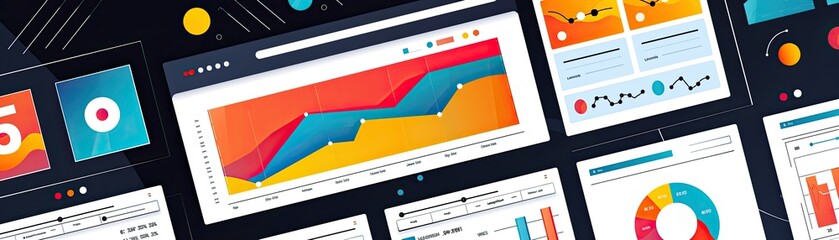 "Assorted data visualization graphics and charts on computer screens. Infographic elements and data analysis concept."