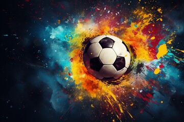 Naklejka premium Soccer ball circled by vibrant paint splashes in a world of color