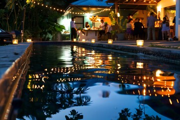 evening party by pool, lights reflecting in water, guests chatting