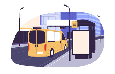 Outdoor billboard screen on bus stop. Advertising street poster, blank vertical display mockup. City advertisement, empty promo placard. Flat graphic vector illustration isolated on white background © Good Studio