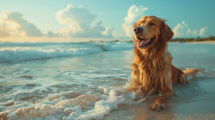 Golden retriever dog on the beach at sunset in the tropics - obrazy, fototapety, plakaty
