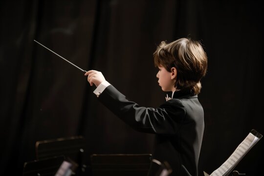 young conductor with baton at debut performance