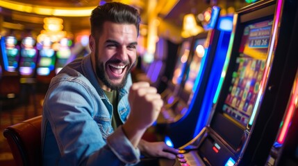Portrait of a happy gambler win money in in casino playing at slot machines