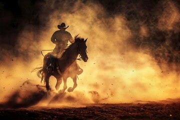 Cowboy on bucking bronco in rodeo arena kicking up dust. Concept Rodeo Events, Bucking Bronco, Cowboy Lifestyle, Western Culture, Action Shots - obrazy, fototapety, plakaty