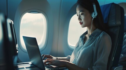 Generative AI : Attractive female passenger of airplane sitting in comfortable seat listening music in earphones