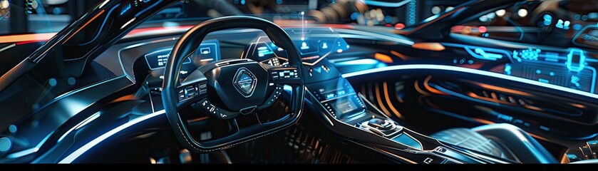 "Sleek car interior with illuminated dashboard and high-tech control interface. Luxury automotive design and advanced technology concept."