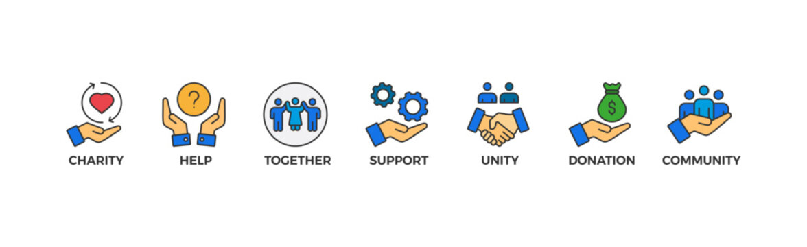 Volunteering banner web icon vector illustration concept for volunteer aid assistant with icon of charity, help, together, support, unity, donation, and community