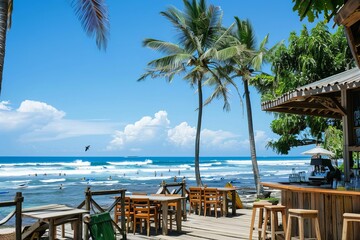 A beachfront cafe with panoramic ocean views, palm trees swaying in the breeze, and surfers catching waves in the distance, Generative AI