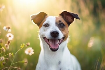 Happy smiling jack russell terrier dog pet puppy - web banner with copy space - generative ai