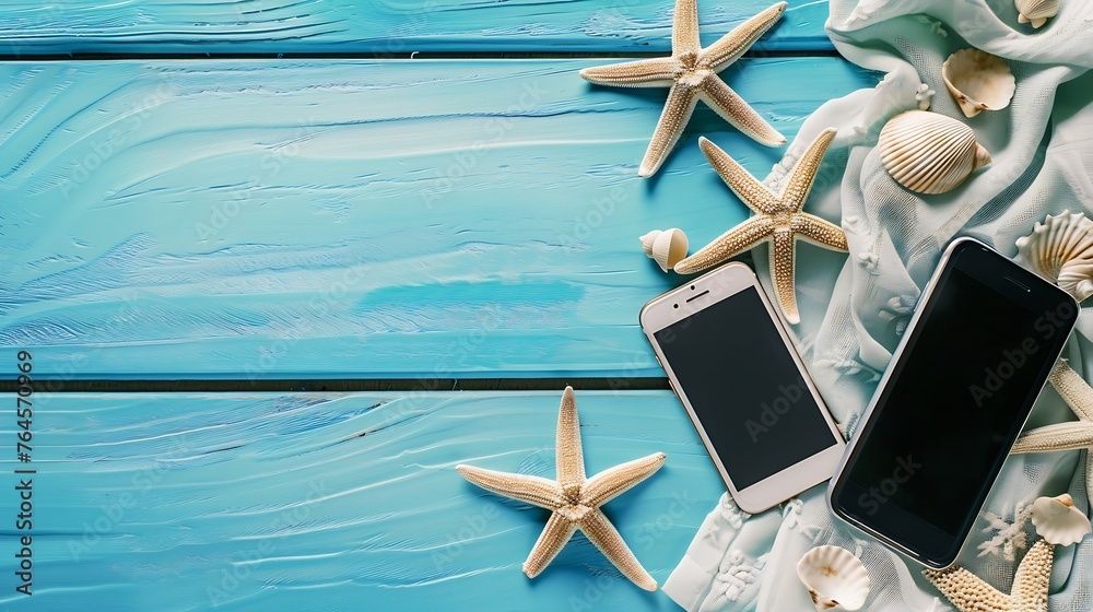 Aufkleber generative ai : creative flat lay concept of summer travel vacations. top view of beach towel smartp