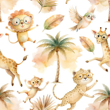 Watercolor seamless pattern with safari animals, palm tree, leaves. Isolated on white background. Perfect for card, fabric, tags, invitation, printing, wrapping.