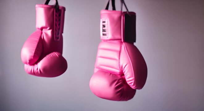 Pink boxing gloves. Concept of fighting cancer.	
