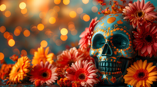 ask day of the dead, sugar skulls, colorful, flowers, top angle, right copy space.