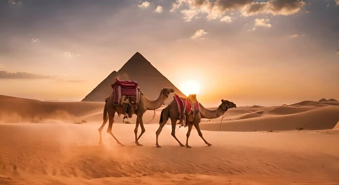 Camels with the pyramids in the background.	
