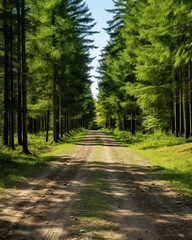 Serene forest landscape with dirt road leading through tall trees