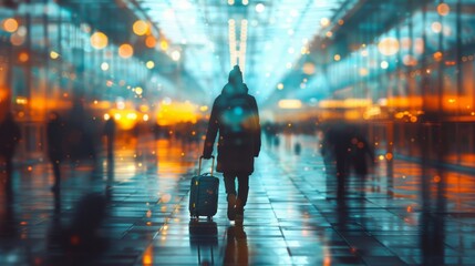 Traveler with rolling suitcase walking through a brightly lit airport terminal. - obrazy, fototapety, plakaty