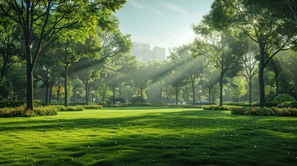 Fototapeta na wymiar Beautiful landscape of a city park, with beautiful grass, trees and sun