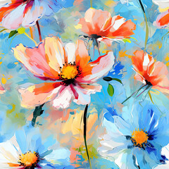 Seamless pattern of watercolor flowers in impressionistic style
