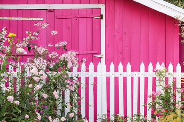 bright pink shed with a white picket fence and blooming flowers