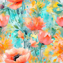 Seamless pattern of watercolor flowers in a fresh springtime color palette