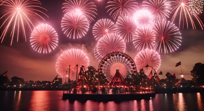 Amusement park with fireworks.	
