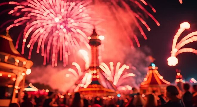 Amusement park with fireworks.	
