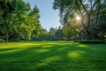 Fototapeta premium Beautiful landscape of a city park, with beautiful grass, trees and sun