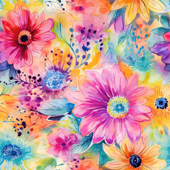 Seamless pattern of watercolor floral blooms with a sunny, joyous atmosphere