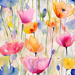 Seamless pattern with watercolor poppies in a fresh, colorful spring design